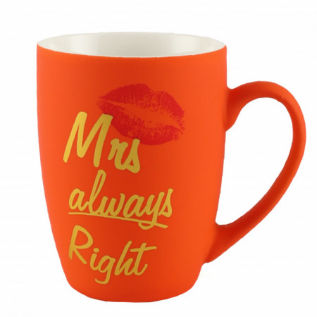 Cana mata din ceramica Pufo Mrs Right, pentru cafea sau ceai, 360 ml, portocaliu