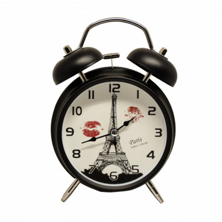 Ceas de masa desteptator Pufo Love in Paris, metalic, 15 cm, negru