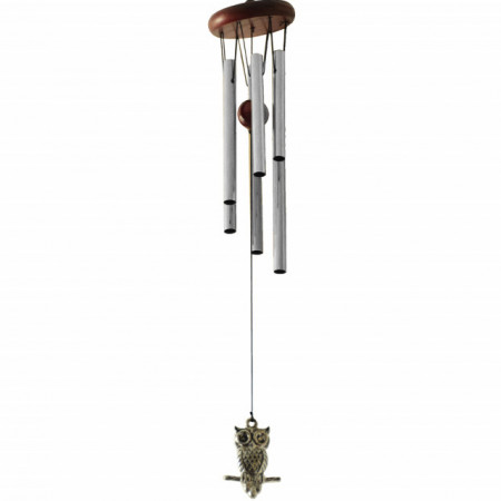 Clopotel de vant cu 6 tuburi sonore metalice pentru casa sau gradina, model clasic cu bufnita, argintiu