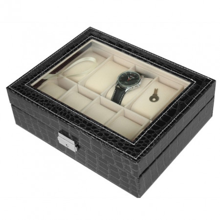 Cutie caseta eleganta depozitare cu compartimente pentru 10 ceasuri, imprimeu crocodil, model Premium cu cheita, negru, Pufo