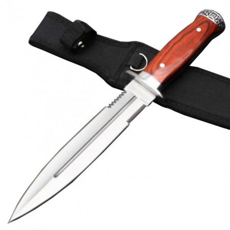 Cutit de vanatoare 33 cm cu lama dubla si insertii de zimti, design deosebit, teaca inclusa
