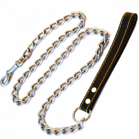 Lesa Pufo pentru caini de talie mare din lant cromat 4 mm x 120 cm, rezistent, maner piele, Argintiu/Negru