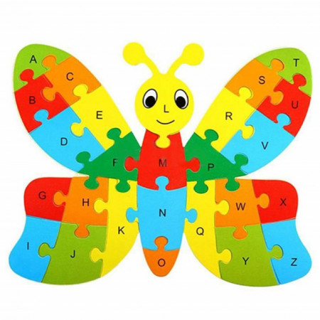 Puzzle din lemn Pufo pentru copii cu numere si cifre, model Fluturasul fericit, 26 piese, 26 cm