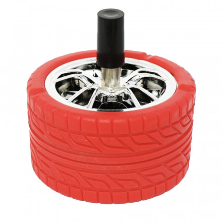 Scrumiera metalica Pufo Angry Wheel, antivant cu buton, 12 cm, rosu/ argintiu