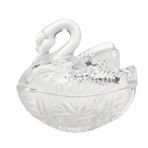 Bomboniera Eleganta Pufo din Sticla Transparenta, Forma Lebada, 13 cm – Accesoriu Decorativ pentru Dulciuri, Servire Festiva si Evenimente Speciale