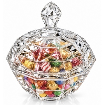 Bomboniera Pufo Glamour din sticla, recipient decorativ cu capac pentru bomboane, praline, zahar, bijuterii, rotunda, 13.5 cm