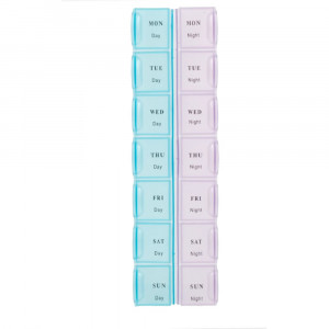 Cutie organizator Pufo Weekly Duo pentru medicamente, vitamine sau suplimente pe saptamana cu doua compartimente pe zi, mov-roz/albastru
