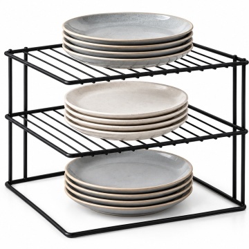 Etajera metalica de colt neagra cu 3 niveluri– organizator pentru condimente, dulap sau blat de bucatarie, 25 x 24.5 x 19 cm