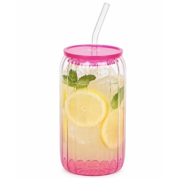Pahar elegant Pufo din sticla striata cu capac si pai, ideal pentru smoothie, apa, limonada, cafea recesau sucuri, 530 ml, roz