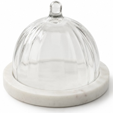 Platou elegant cu capac din sticla si marmura pentru prajituri, macarons, fursecuri si dulciuri, clopot decorativ cu maner, Ø 13,5 x 10 cm, alb