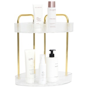 Raft organizator elegant Pufo Luxury transparent de baie cu 2 niveluri, cadru metalic auriu, pentru cosmetice, parfumuri, 38.5 x 25 cm