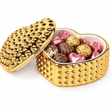 Recipient decorativ ceramic auriu in forma de inima, cutie eleganta pentru bijuterii, accesorii, bomboane si decoratiuni, 12.5 x 9.5 cm