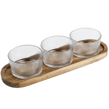 Set 3 boluri din sticla Pufo Ellegance cu suport din lemn pentru aperitive, gustari, fructe