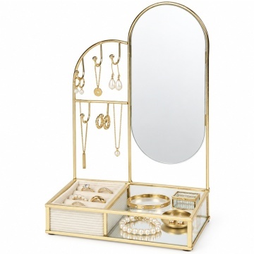 Suport organizator Pufo Glam pentru bijuterii din metal si sticla– organizator elegant pentru cercei, inele, coliere si accesorii, auriu/crem, 30 cm