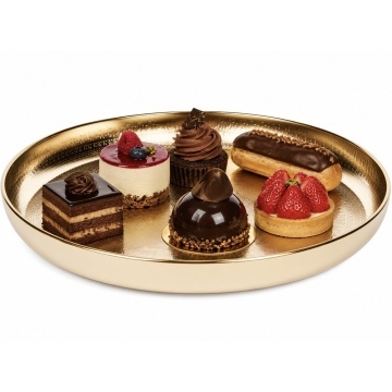 Tava metalica eleganta Pufo Golden Vintage pentru servire desert, prajituri, aperitive, 34 cm