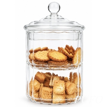 Bomboniera eleganta din sticla transparenta, etajata, cu 2 compartimente si capac – recipient decorativ pentru dulciuri si praline