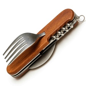 Briceag multifunctional Pufo pentru camping 6 in 1, cu lingura si furculita, 10 cm, maro