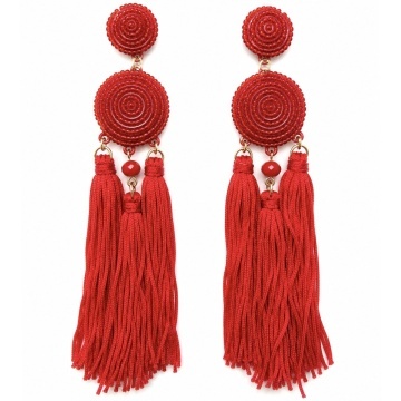 Cercei rosii lungi cu ciucuri si margele decorative, model statement elegant pentru femei, petreceri, evenimente, tinute de seara si ocazii speciale