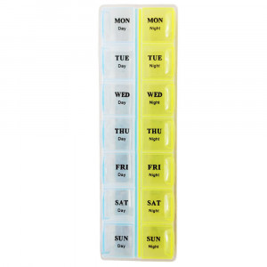 Cutie organizator Pufo Weekly Duo pentru medicamente, vitamine sau suplimente pe saptamana cu doua compartimente pe zi, albastru/ galben