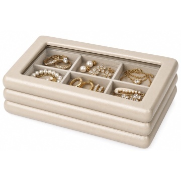Cutie pentru bijuterii Pufo Stile cu 6 compartimente si capac din sticla, 23 x 15 x 7.5 cm– Organizator elegant pentru inele, cercei, bratari, coliere si accesorii, bej