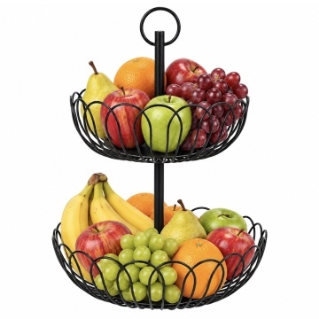 Fructiera cu 2 etaje, suport metalic modern pentru fructe si legume, organizator elegant pentru bucatarie si masa, Ø 27,5 x 37 cm, negru