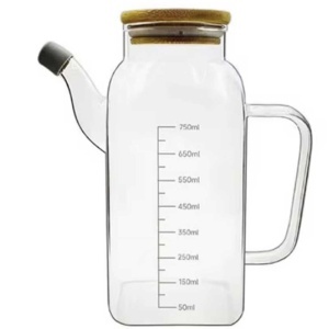 Oliviera gradata Pufo din sticla borosilicata cu maner si capac din bambus, 750 ml – recipient pentru ulei, otet si lichide
