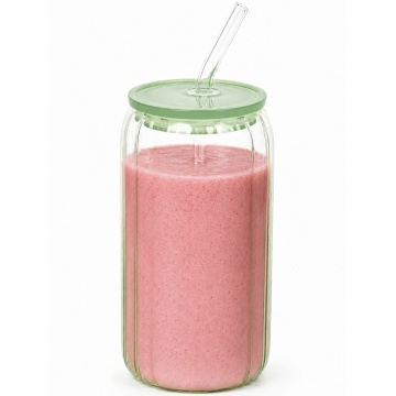 Pahar elegant Pufo din sticla striata cu capac si pai, ideal pentru smoothie, apa, limonada, cafea recesau sucuri, 530 ml, verde