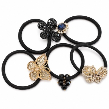 Set 5 elastice elegante pentru par, cu fluturi si aplicatii decorative, negru