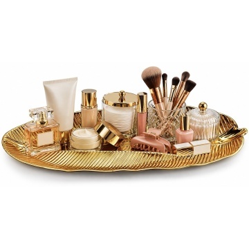 Tava metalica eleganta Pufo Gold Leaf pentru servire aperitive, prajituri, fructe, 40 cm, auriu