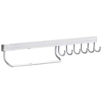 Cuier din aluminiu Pufo pentru bucatarie cu 8 carlige si suport prosop– Organizator ustensile, tacamuri si accesorii, montaj pe perete, 60 cm