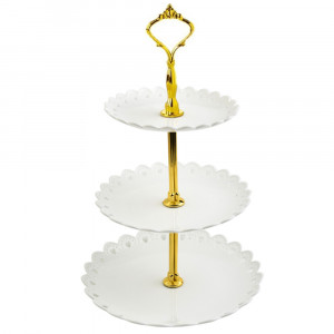 Fructiera etajata Pufo Cookies cu 3 niveluri, pentru prajituri, torturi, fructe, aperitive, 34 x 27 cm, alb