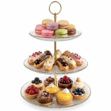 Fructiera etajata Pufo Luxury din sticla cu 3 niveluri, pentru prajituri, mini torturi, fructe, aperitive, maner metalic auriu