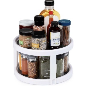 Organizator rotativ tip tava cu doua nivele pentru frigider sau dulap cu suprafata antialunecare, 25 cm, alb