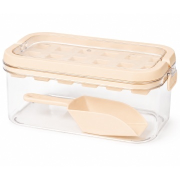 Set Pufo Ice pentru cuburi de gheata, cutie cu capac, lopatica si tava din silicon, galben