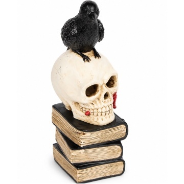 Statueta decorativa infricosatoare Craniul Pazitor al Cartilor, cu corb negru, decor gotic de Halloween, 30 cm