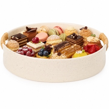 Tava decorativa rotunda ceramica Pufo Creamy cu manere pentru servire, crem, 20 cm
