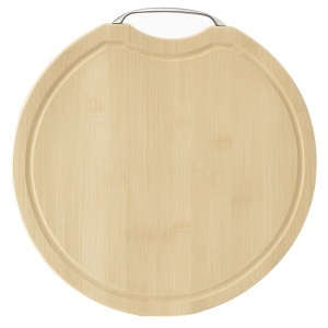 Tocator de bucatarie gros Pufo din lemn de bambus cu maner din metal, rotund, maro, 36 cm
