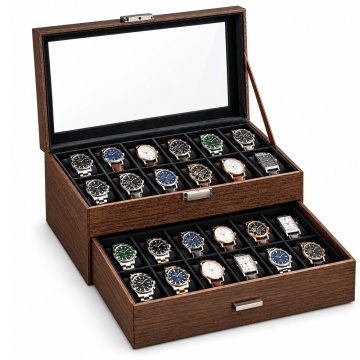 Cutie organizatoare Pufo Luxury pentru 24 ceasuri, cu 2 niveluri, sertar, capac transparent si interior negru, caseta eleganta pentru depozitarea si expunerea ceasurilor, maro
