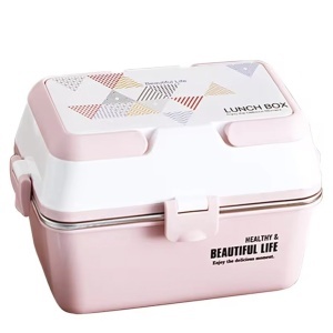 Lunch box Pufo cu 3 compartimente si vas interior din inox, etans, pentru mancare, pranz, scoala sau birou, roz