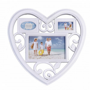 Rama foto decorativa cu 3 poze, model Pufo Heart, 28 x 28 cm, alba- design elegant pentru amintiri deosebite