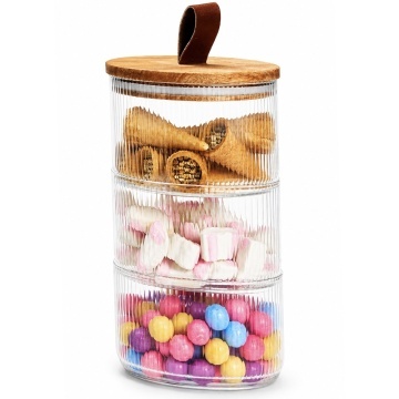 Set 3 recipiente suprapuse din sticla, cu capac din lemn, pentru condimente, dulciuri si depozitare alimente, design elegant