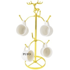 Suport auriu elegant metalic Pufo Ellegant pentru cani si cesti- suport cu 6 carlige pentru depozitare, organizare sau decor