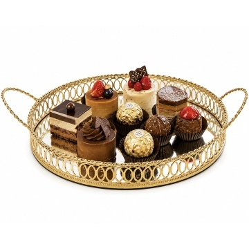 Tava eleganta Pufo Golden cu oglinda si manere aurii pentru servire prajituri, desert, aperitive si decor masa, 25 cm