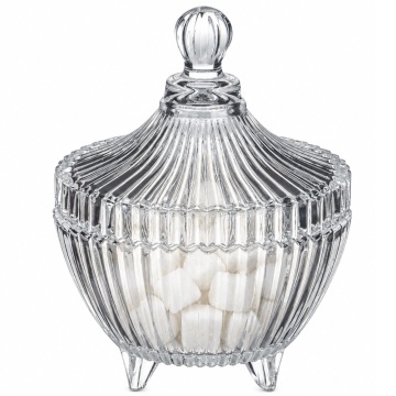 Bomboniera din sticla transparenta Pufo Bonbon cu capac si picioruse decorative, 150 ml, recipient elegant pentru bomboane, praline, drajeuri, dulciuri, decor masa si evenimente