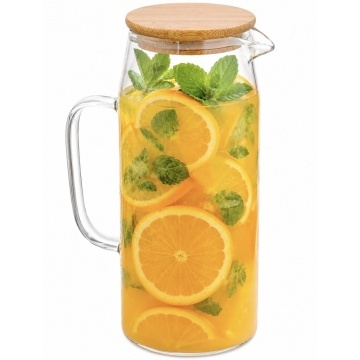 Carafa eleganta Pufo Simple din sticla pentru apa, limonada sau suc, capac bambus, 1.4 L