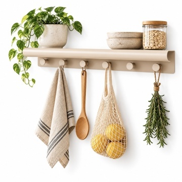Cuier de perete cu polita pentru bucatarie, dormitor, hol, birou, design modern metalic, economie de spatiu, 48 x 10 x 6 cm, crem