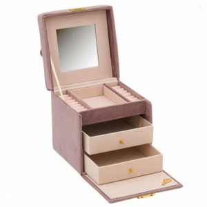 Cutie caseta eleganta pentru organizare si depozitare bijuterii din catifea roz, cu cheita