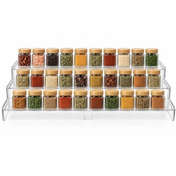 Etajera extensibila multifunctională Pufo, organizator transparent cu 3 niveluri in trepte pentru condimente, cosmetice, bijuterii, accesorii si expunere produse, 58 x 22.5 x 12 c