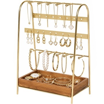 Organizator bijuterii Pufo Vintage cu suport metalic si tava din lemn, pentru cercei, coliere, bratari si accesorii, auriu
