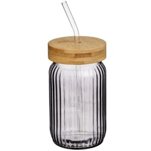 Pahar elegant Pufo din sticla striata cu capac din bambus si pai, ideal pentru smoothie, apa sau sucuri, 450 ml